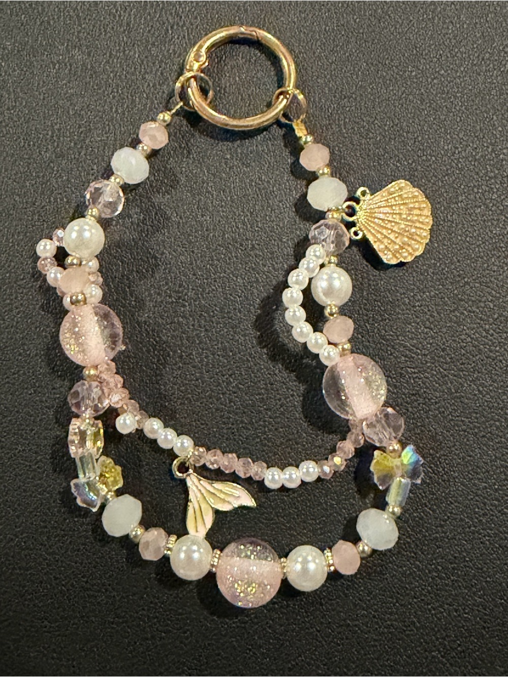 Pink Beaded Key & Card Holder with Gold Charms